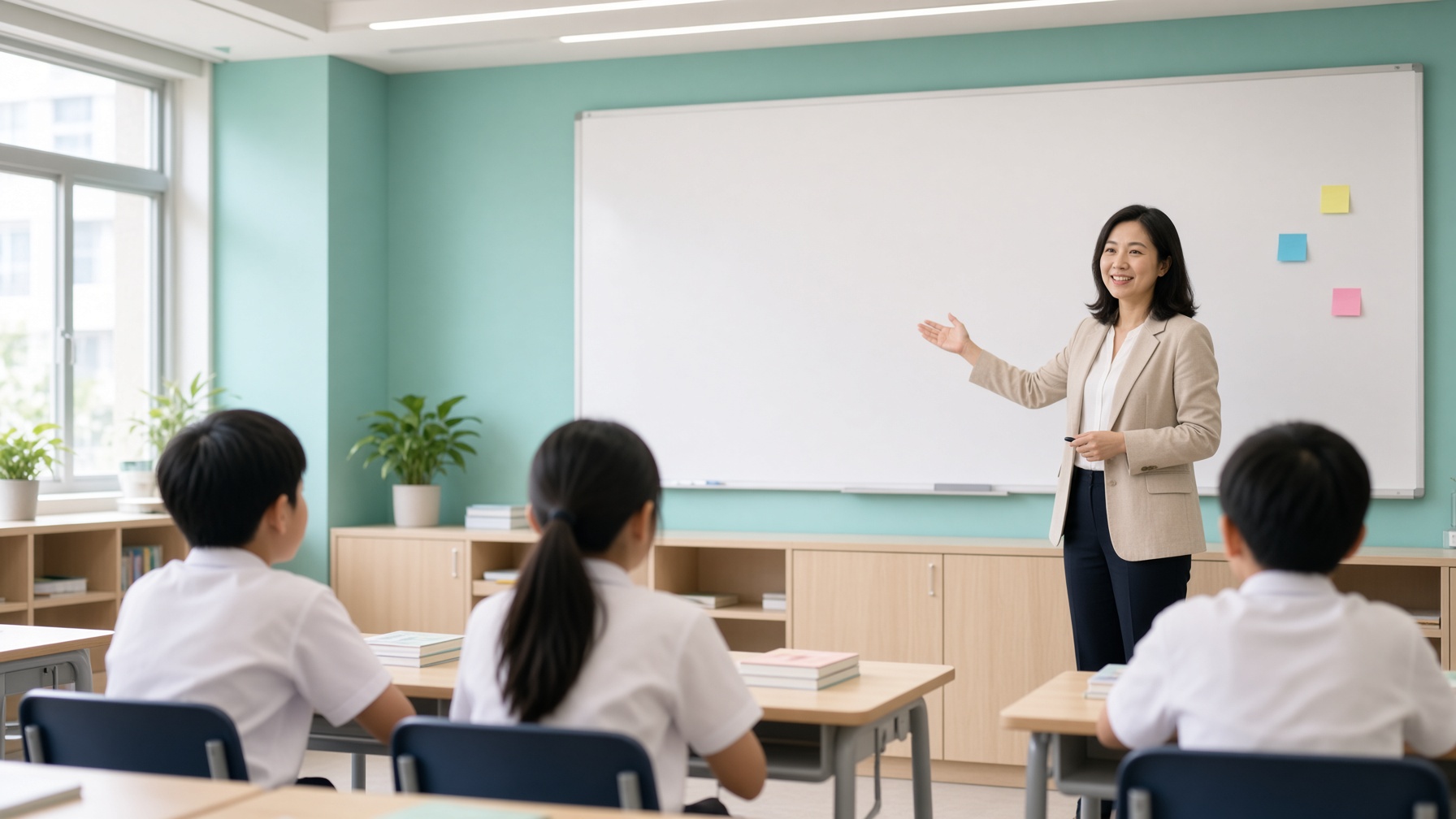 A teacher working with primary students in a bright classroom